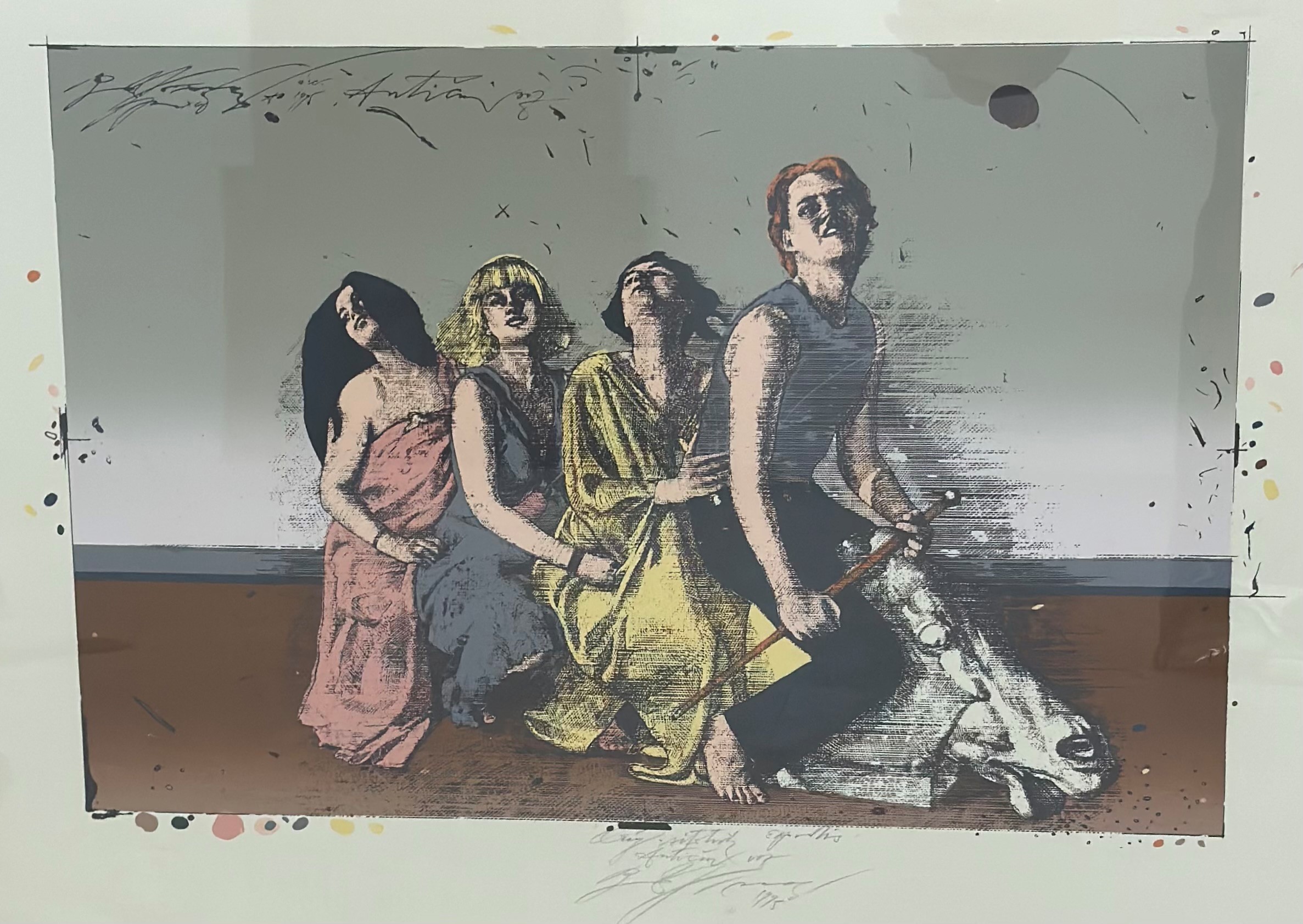 Four Figures Seated, silkscreen print, signed indistinctly, dated 1995, in painted frame (48cm x