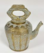An unusual Middle Eastern teapot with hinged cap to top of handle and panelled sides, all with