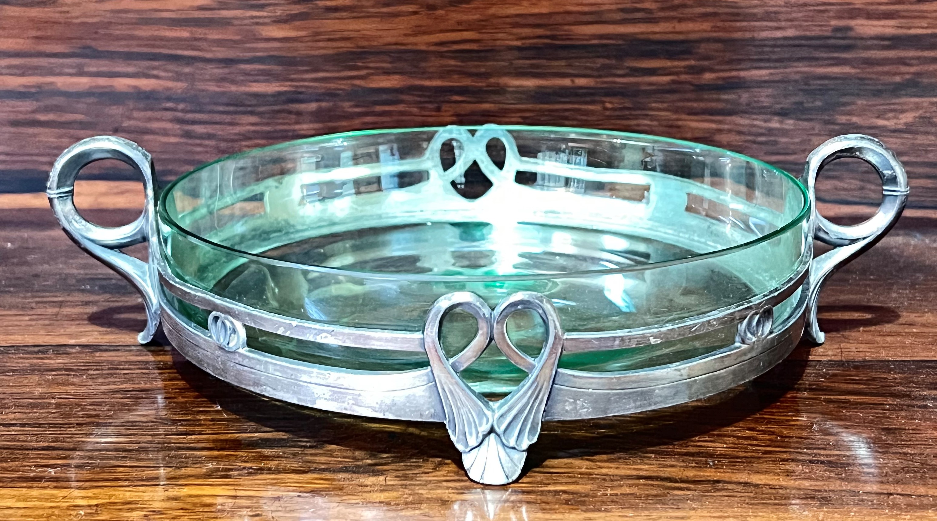 An Art Nouveau WMF pewter serving dish with twin loop handles to side and scrolling mounted lily - Image 3 of 3