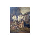 19thc Continental School, Huntsman with Horse and Hounds, unsigned, oil on canvas, losses to some