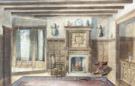 Early 20thc British School, English panelled Interior with Delft decorations, watercolour, unsigned,