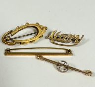 A white metal mounted bar brooch set cultured pearl (4cm) , a yellow metal boteh shaped brooch