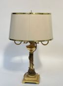 A brass lamp with shade modeled on a fluted column on a square tapered base. (h- 66cm w-43cm)