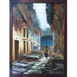 Hamud, Figure in Deserted Street, oil on panel, signed bottom right and inscribed 20 D, in stained