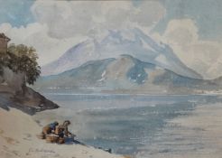 George Lionel Bchrend RBA (1863-1950), Figures by a Lake Shore, watercolour, signed bottom left,
