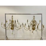 A pair of gilt lacquered brass Dutch style brass chandeliers, each with central column issuing 15