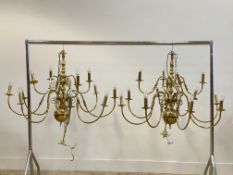 A pair of gilt lacquered brass Dutch style brass chandeliers, each with central column issuing 15