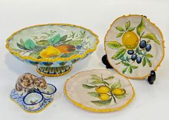 A group of Continental tin glazed ceramics comprising three items of Italian Cantagalli pottery