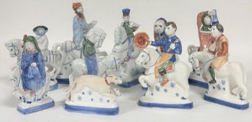 A group of nine Rye pottery Sussex figures, including Monk, Nobleman etc. and a pair of hounds,