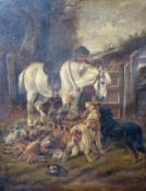 19thc Continental School, Huntsman with Horse and Hounds, unsigned, oil on canvas, losses to some