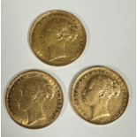 Three Queen Victoria gold sovereigns, 1899, 1900 and 1901