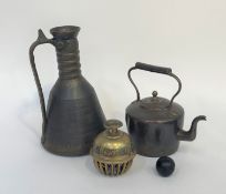 A mixed group comprising a brass kettle, a cannonball (w-4cm), a large copper ewer with brass and