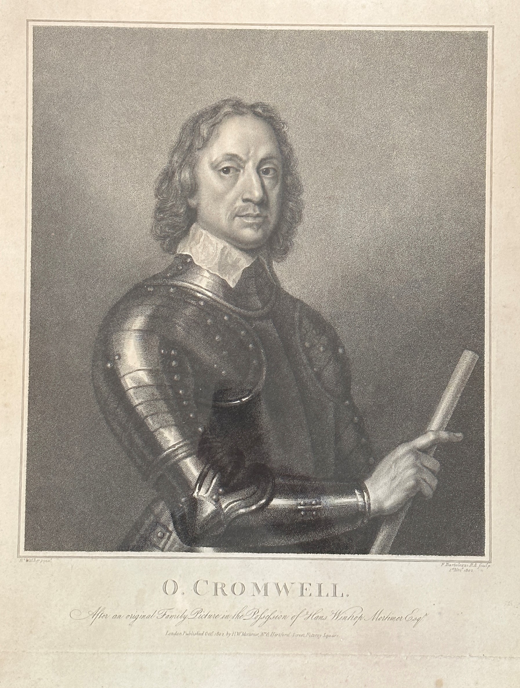 After F. Bartolozzi RA, 1802, stipple engraving, engraved by R Walker, Oliver Cromwell, in