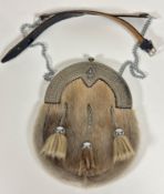 An Epns sealskin sporran with Celtic knop and thistle mounted top, fitted three plated tassels,