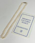 A strand of Mikimoto matched pearls with 9ct gold clasp fastening set three half seed pearls (23cm),