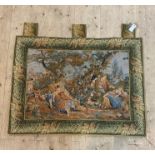 A French Aubusson style tapestry wall hanging, the central panel decorated with figures in a