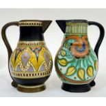 Two Gouda pottery pitchers, one on a brown ground with abstract design in yellow/ochre, the other