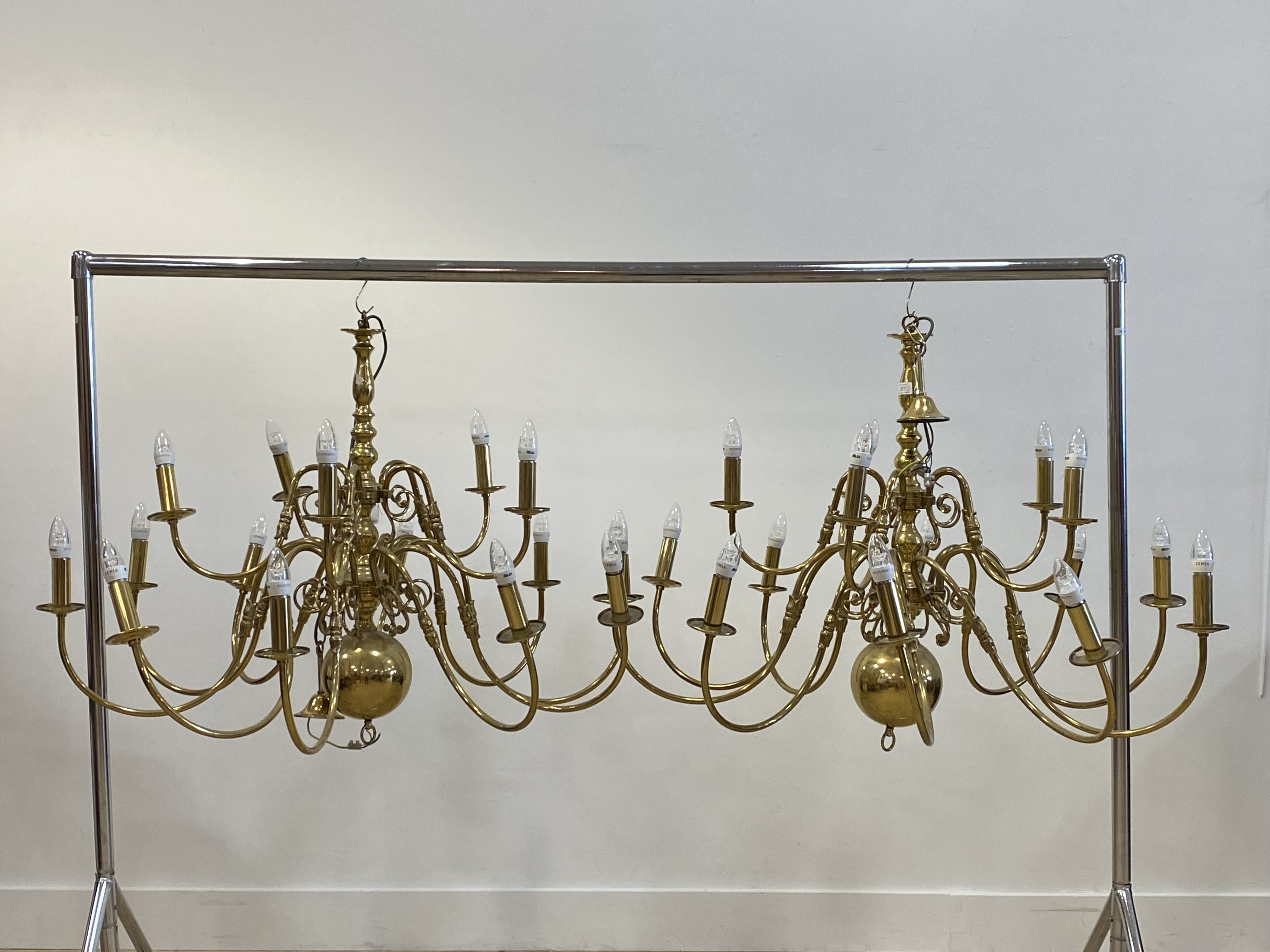 A pair of gilt lacquered brass Dutch style brass chandeliers, each with central column issuing 15 - Image 2 of 2