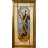 S. Andres, handpainted panel in the Art Nouveau style with Figure holding a Cross, in gilt glazed