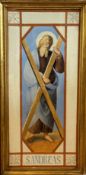 S. Andres, handpainted panel in the Art Nouveau style with Figure holding a Cross, in gilt glazed