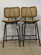 Satelleit, a pair of contemporary rattan bar stools on tubular supports H103cm, W46cm, D51cm