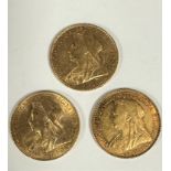 Three Victorian gold sovereigns, 1892, 1894 and 1896