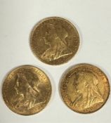 Three Victorian gold sovereigns, 1892, 1894 and 1896