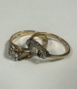 A 9ct gold solitaire ring mounted in white metal illusion setting (O/P) and a 9ct gold wedding