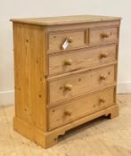 A Victorian style pine two over three chest of drawers, raised on bracket supports, H96cm, W92cm,
