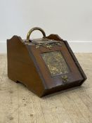 A Victorian oak coal scuttle with brass handle and embossed brass panel of apples (H36cm, W32cm,