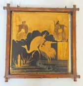 A faux bamboo wall hanging mirror with Japanese lacquer panel depicting cranes and two Bugaku '