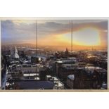 lyn Satterley (British contemporary) Glasgow skyline at sunset, a panoramic view on three panels,