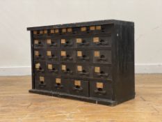 A scratch built pine machinists or collectors table top chest of drawers, early to mid 20th century,