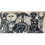 Heidi Lange, Kenyan Contemporary, a Batik panel on linen of African Sculptures, signed and framed,