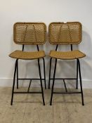 Satelleit, a pair of contemporary rattan bar stools on tubular supports H103cm, W46cm, D51cm