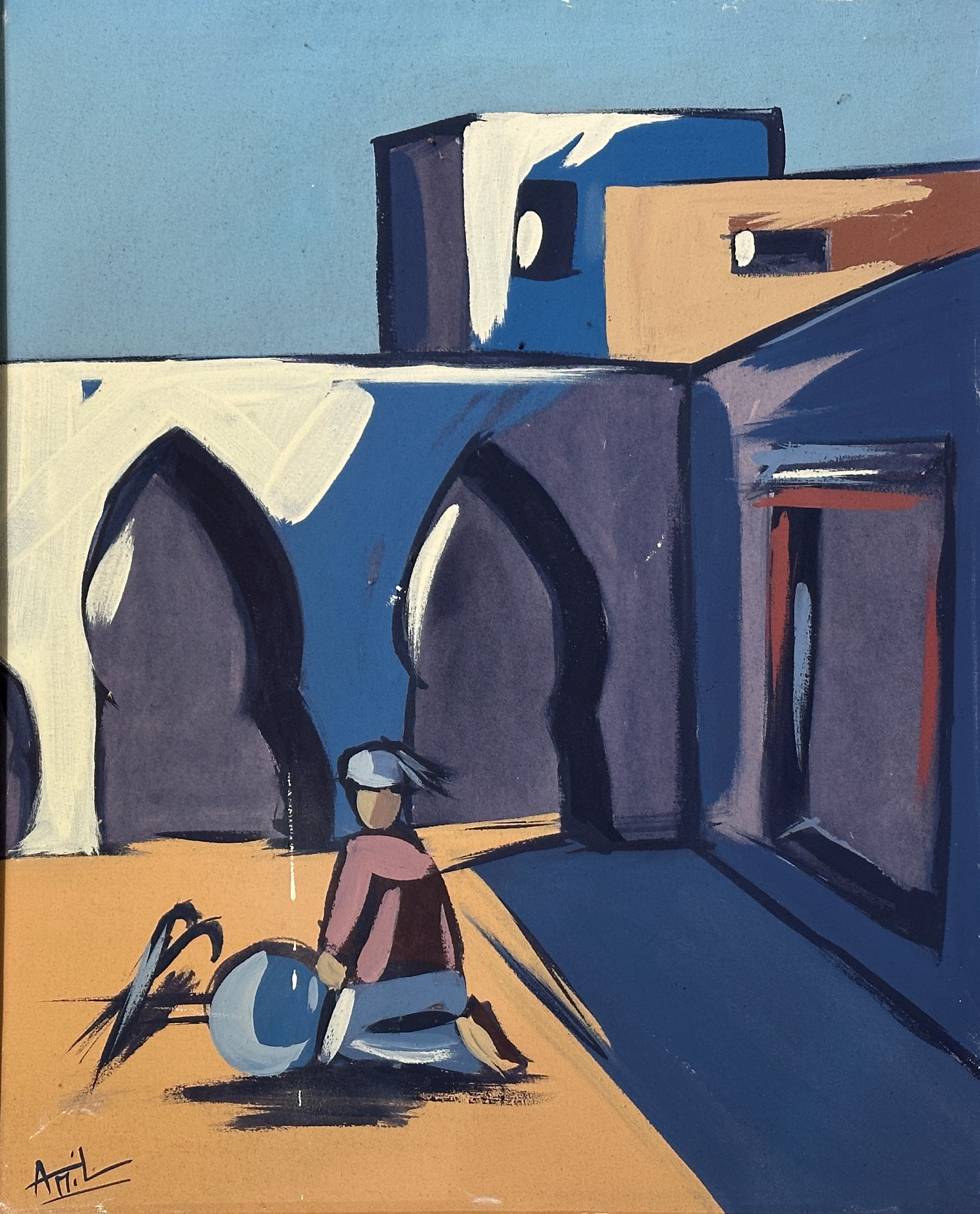 Amil, Figure in a Middle Eastern Courtyard, oil on canvas, in white painted frame, signed bottom