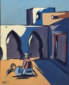 Amil, Figure in a Middle Eastern Courtyard, oil on canvas, in white painted frame, signed bottom
