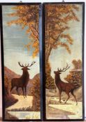 A pair of mahogany panels with handpainted depictions of two Stags, in Autumn landscapes, with