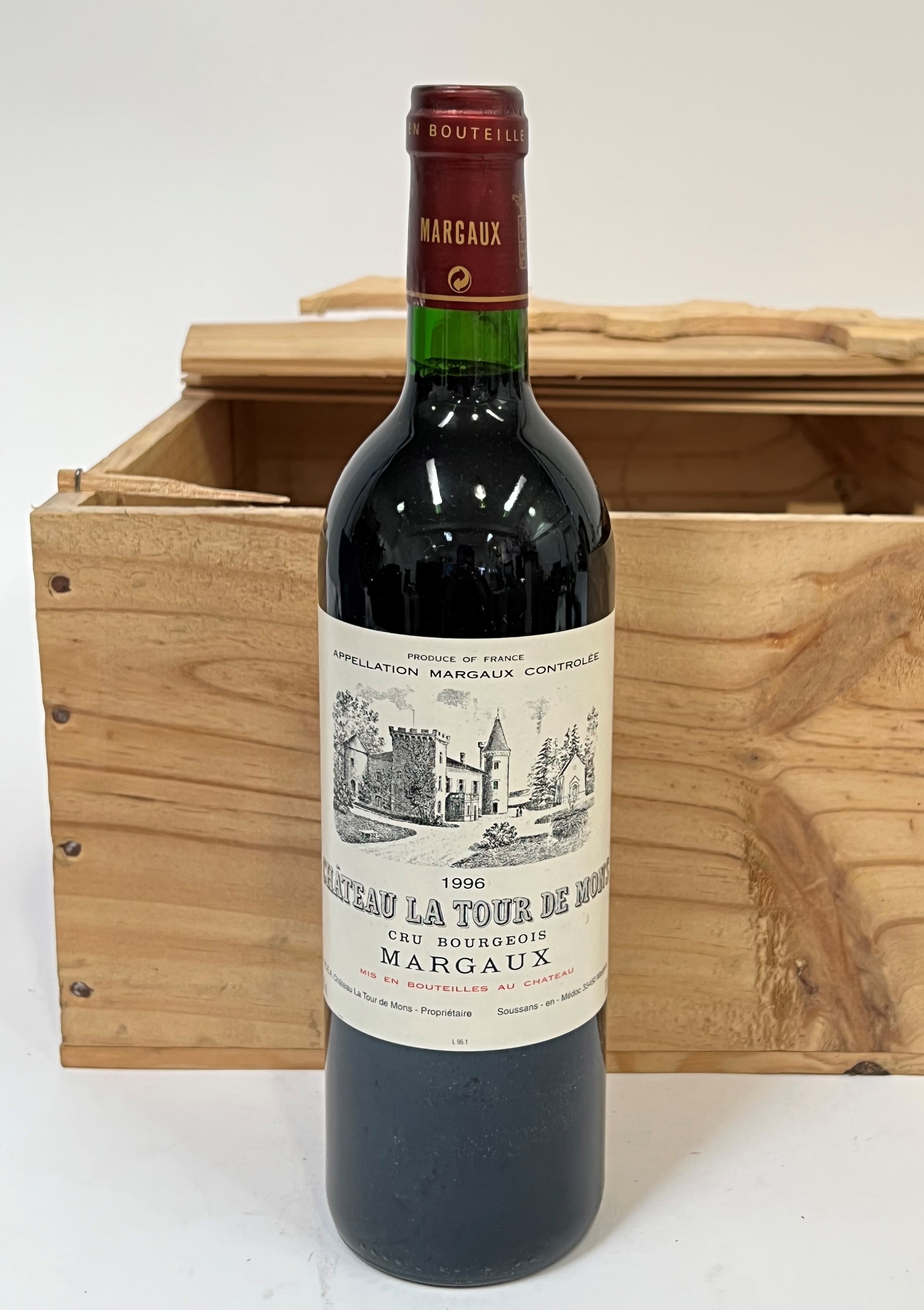 A Chateau La Tour de Mons Margeaux wooden wine case containing three bottles of 1996 Margeaux wine - Image 2 of 3