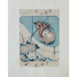 19thc Japnese woodblock print, Mandarin Duck, signed Hiroshige, in painted frame (22cm x 15cm)