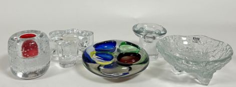 A mixed group of 20th century/Scandinavian glass comprising a Finnish clear/bubble glass candle
