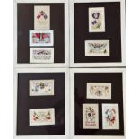 A group of four white painted glazed frames containing Valentine and Sweetheart cards and WWI