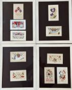 A group of four white painted glazed frames containing Valentine and Sweetheart cards and WWI