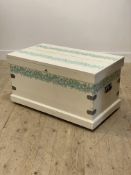 A 19th century pine blanket box, hinged lid opening to a plain brown paper lined interior, with