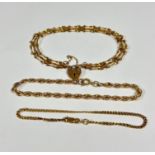 A 9ct gold flat link chain bracelet with lobster claw fastening (8cm), a rope pattern 9ct gold