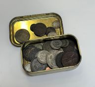 Mix in tobacco tin, 45 coins, UK and foreign, many silver, mostly mid 19thc./mid 20thc. Nice mix