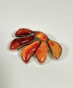 A Continental 925 standard amber panel brooch in the Art Nouveau style, with beaded fronds, with