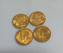 Coins: Four George V sovereigns, 1911, 1912, 1913 and 1919