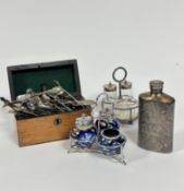 An Epns chased hip flask with vine leaf and fruit decoration (15cm), a chromium plated three piece
