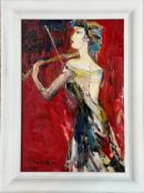 E. Karshabara (?), The Musician, oil on board, signed bottom right, dated 2010, in white painted